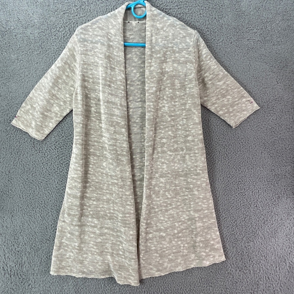 Eileen Fisher Cardigan Women M Beige Linen Blend Knit Open Front 3/4 Sleeve Boho